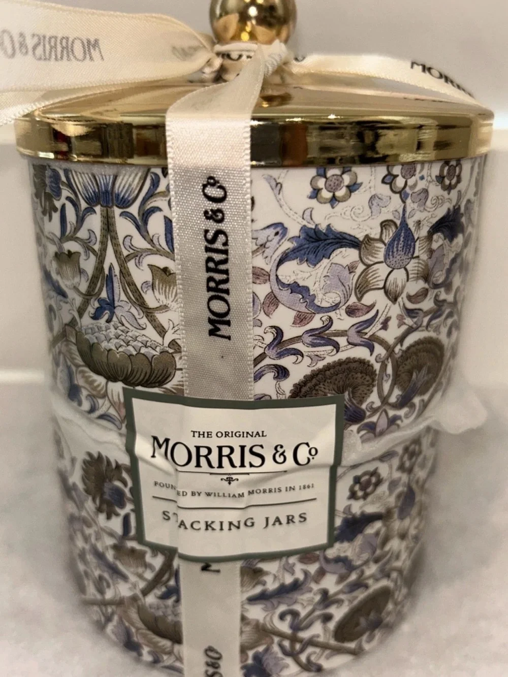 Morris & Co White Ceramic Vanity Set 5 Piece Artichoke Floral Blue *note